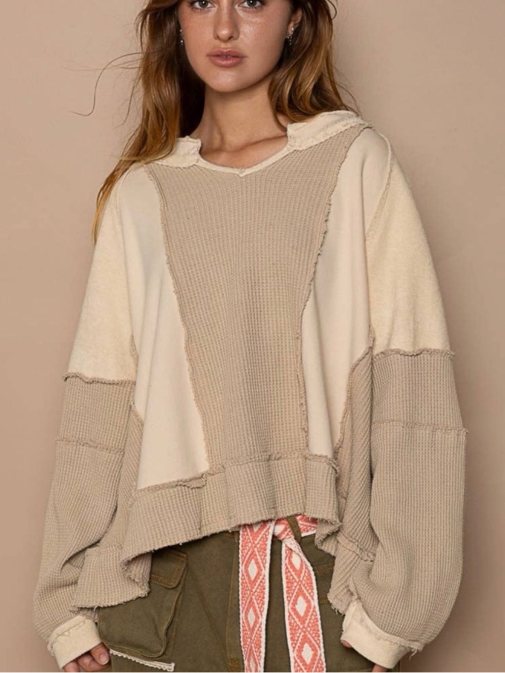 POL M Neutral Panelled Oversized Pullover - Cream & Beige